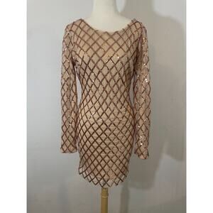 "FOREVER 21 Sequin Body Con Mini Dress Women Bronze Nude Long Sleeve Cocktail M"